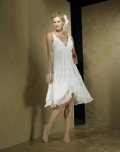 Column V-Neck Knee Length Satin & Chiffon Bridal Gown