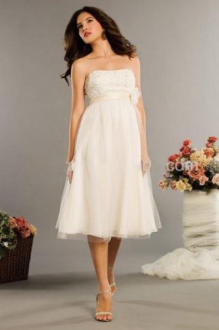 Empire Strapless Tea Length Satin & Organza Bridal Gown