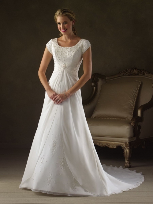 Most Popular Floor Length A-Line Short Sleeves Sweep Train With Embroidery,Sequins Wedding Dresses WDresses01026