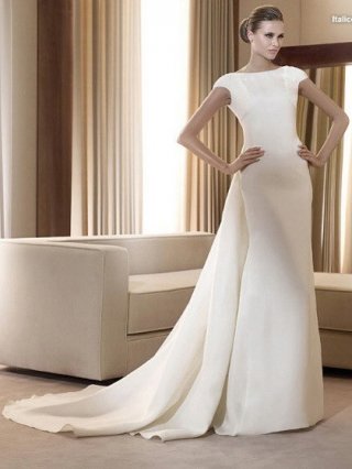 New Arrival Floor Length A Line Cap Sleeves Zipper Sweep/Brush Train With Ruffles Wedding Dresses