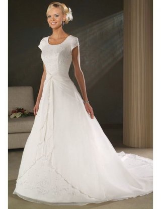 New Arrival Floor Length A-Line Short Sleeves Sweep Train With Embroidery,Button Wedding Dresses WDresses01032