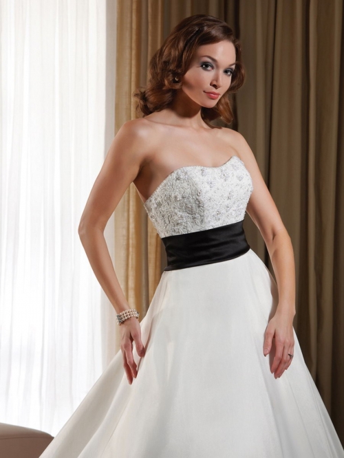 Noble Floor Length A-Line Strapless Low Back Sweep Train With Embroidery,Black Sash,Button Wedding Dresses WDresses01044