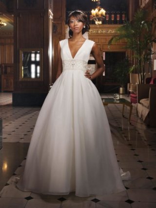 Organza Plunging Deep V-Neckline Full Box Pleated Bodice Ball Gown Wedding Dress