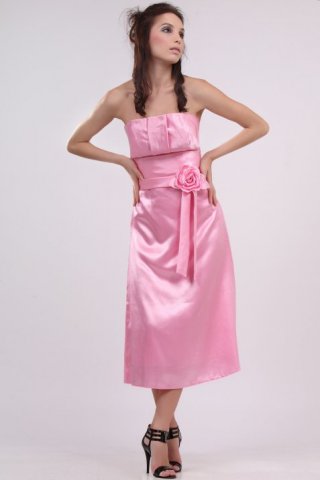 Classic Pink Satin Strapless Evening Dress Formal Gown