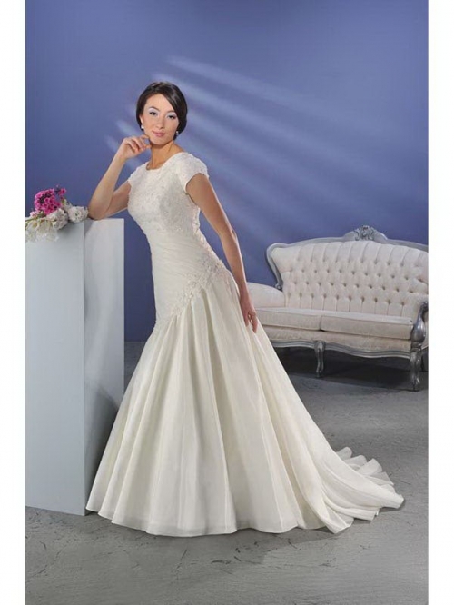 Precious Floor Length A-Line Short Sleeves Sweep Train With Bandage Wedding Dresses WDresses01006