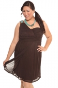 Brown Mesh One Shoulder Bead Trim Dress