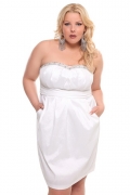 White Taffeta Pocket Tube Dress with Rhinestone Trim
