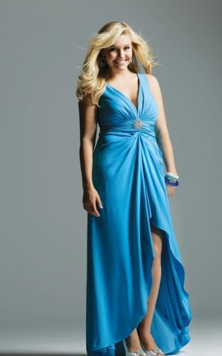Sexy V-neck with Rouched Bodice and in Slit Style Blue Plus Size Prom Dresses