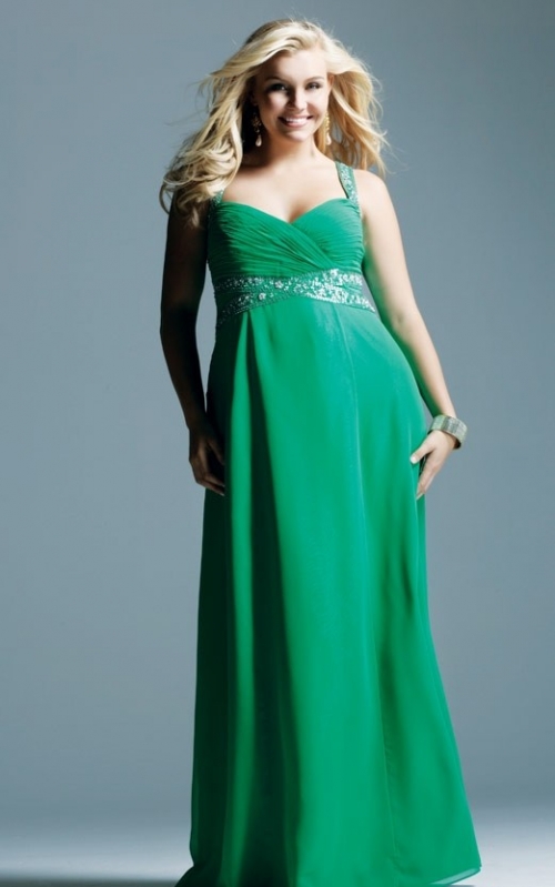 Chiffon Sweetheart Neckline with Cross Beaded Straps in Empire A line Skirt Plus Size Green Prom Dress