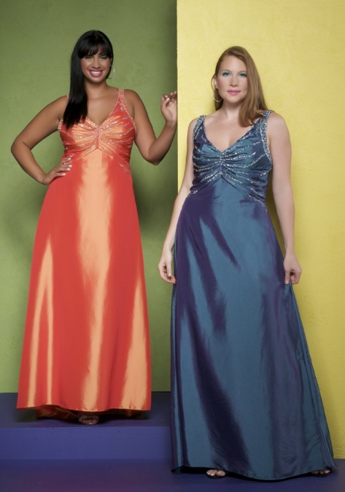 Taffete Sexy V-neck with Rouched Bodice and Empire Column Shape Floor Length Plus Size Prom Dresses