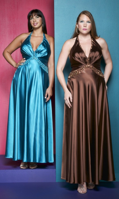 Stretchy Satin Elegant Beaded Halter and Empire Waistline Plus Size Prom Dress