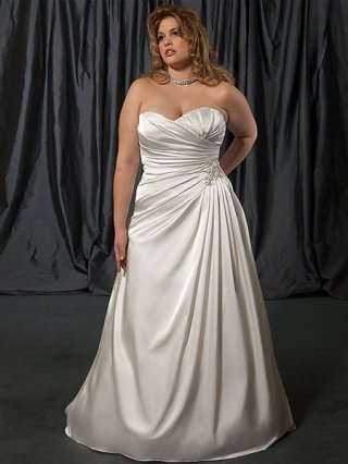 Plus Size Embroider White satin Sweetheart Pleated Floor length wedding dress for chunky girls