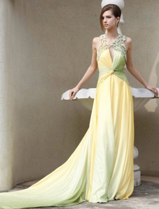 Yellow Satin Hang Neck Floor Length Evening Dress
