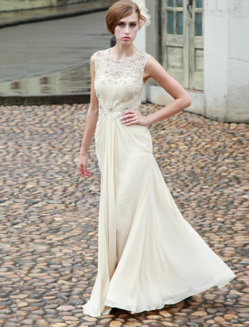A-line Scoop Beaded Appliques Evening Dress