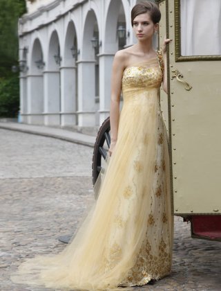 Yellow One-shoulder Floor Length Evening Dress