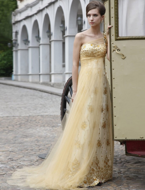 Yellow One-shoulder Floor Length Evening Dress
