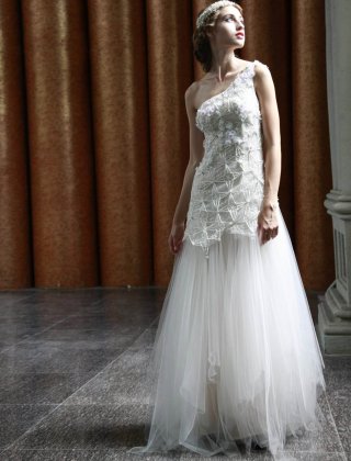 Elegant One-Shoulder Beaded Evening Dress