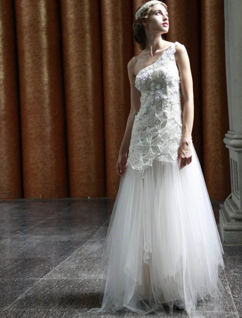 Elegant One-Shoulder Beaded Evening Dress