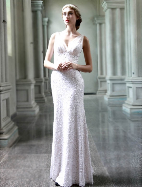 Tiffany V-neck Evening Dresses White