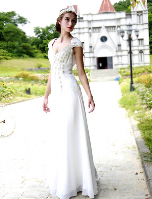 White V Neck Beaded Princess Dress