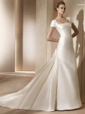 Pure Floor Length A-Line Short Sleeves Low Back Sweep Train With Button,Bowknot Wedding Dresses WDresses00812