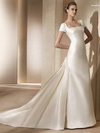 Pure Floor Length A-Line Short Sleeves Low Back Sweep Train With Button,Bowknot Wedding Dresses WDresses00812