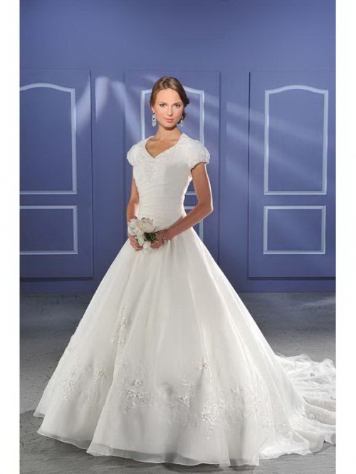 Pure Floor Length A-Line Short Sleeves Sweep Train With Embroidery,Button Wedding Dresses WDresses01008