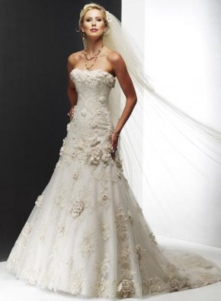 Romantic Strapless Lace Floral Satin Tulle A-line/Princess Weddi (ZBA01079)