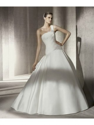 Satin Ball Gown Straight Neckline One-Shoulder Strap with Gathered Bodice Wedding Dress