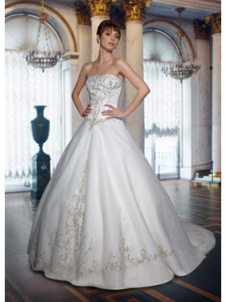 Satin Ball Gown Strapless Straight Neckline Embroidered Bodice Wedding Dress