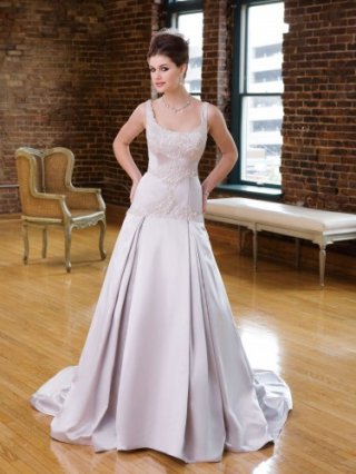 Satin Scoop Neckline Embroidered Bodice Ball Gown Wedding Dress
