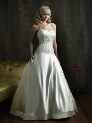 Satin Scooped Neckline Embroidered Bodice Ball Gown Wedding Dress