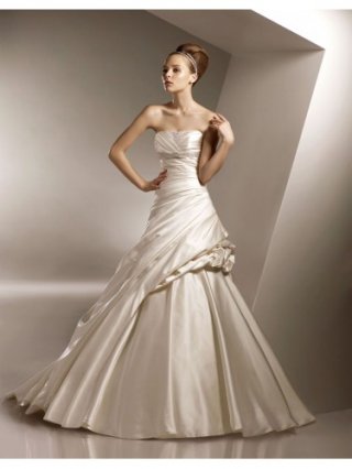 Satin Softly Curved Neckline Directionally Ruched Bodice Ball Gown Wedding Dress