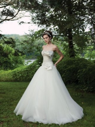 Satin Softly Curved Scalloped Neckline Hand-Beaded Empire Bodice Ball Gown Wedding Dress