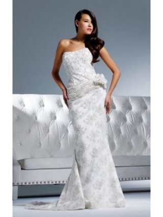 Simple Floor Length A-Line Strapless Low Back Sweep Train With Flower,Zipper,Embroidery Wedding Dresses WDresses00956