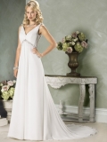 Simple Floor Length A-Line V-Neck Zipper Sweep/Brush Train With Ruffles Wedding Dresses