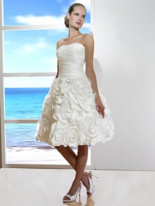 Simple Tea Length A Line Strapless Lace Up With Ruffles Wedding Dresses