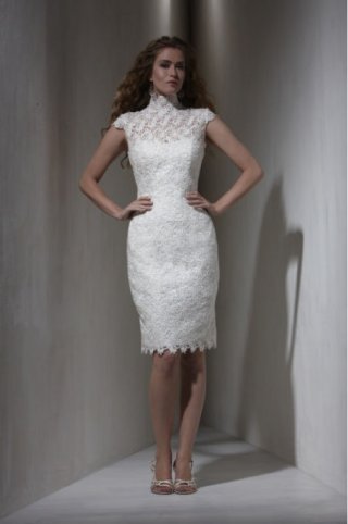 Gorgeous lace high neck tea length white wedding dress