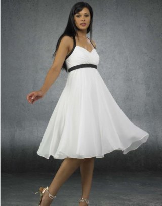 Unique Halter Keen Length White Wedding Dress with Black Sash