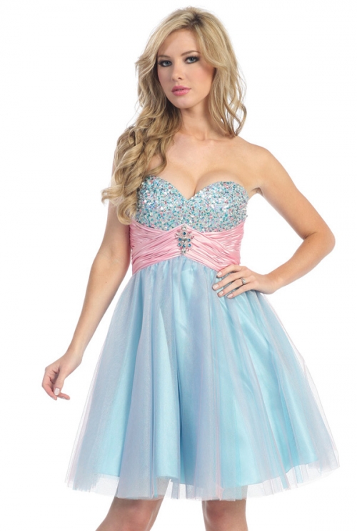 Pink &Turquoise Contrast Prom Dress