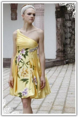 Satin One-Shoulder A Line Short Yellow Prom Dress with Colorful Embroidery