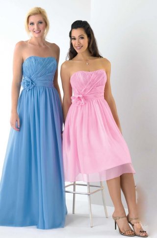 Short or Long Strapless Ruched Bodice with Slim A Line Skirt Blue or Pink Wholesale 2012 Bridesmaid Dresses with Elegant Flower