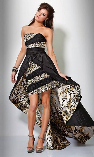 Strapless Black Animal Print High-Low Dress