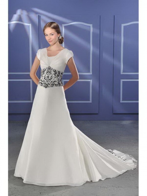 Stunning Floor Length A-Line Short Sleeves Sweep Train With Embroidery Wedding Dresses WDresses01003
