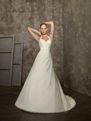 Stylish Floor Length A-Line Halter Lace Up Sweep/Brush Train With Embroidery Wedding Dresses