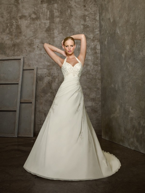 Stylish Floor Length A-Line Halter Lace Up Sweep/Brush Train With Embroidery Wedding Dresses
