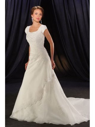 Stylish Floor Length A-Line Short Sleeves Sweep Train With Embroidery Wedding Dresses WDresses01036