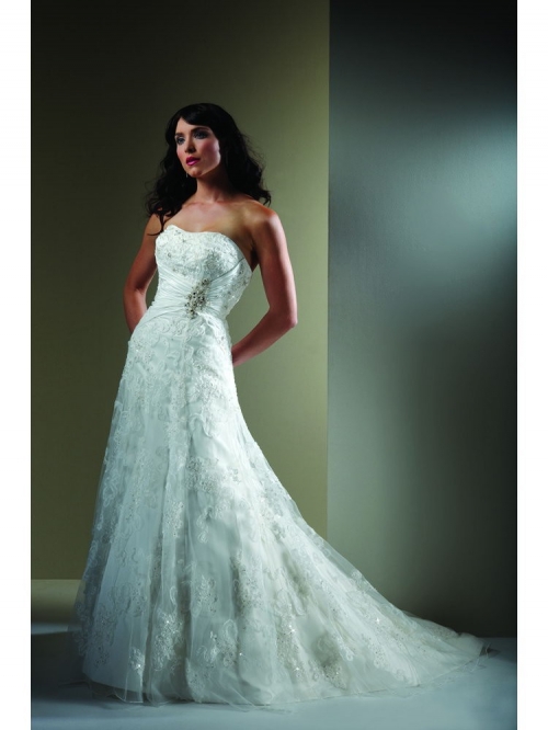 Superior Floor Length A-Line Strapless Low Back Sweep Train With Sequins,Button Wedding Dresses WDresses00974