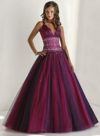 Tulle Sexy V neck with Empire Waistlie and Ball Gown Skirt Prom