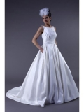 Taffeta Batteau Neckline Overlay Bodice Ball Gown Wedding Dress